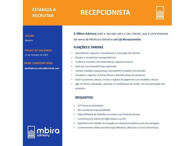 Vaga – Recepcionista, para Maputo - 1/1